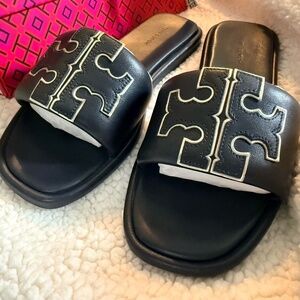 Tory Burch DOUBLE T SPORT SLIDE Navy Blue Size 8 Excellent!!!